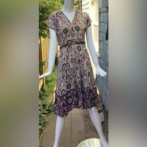 Floral cotton blend dress medium. Cream, rose, pale blue and black